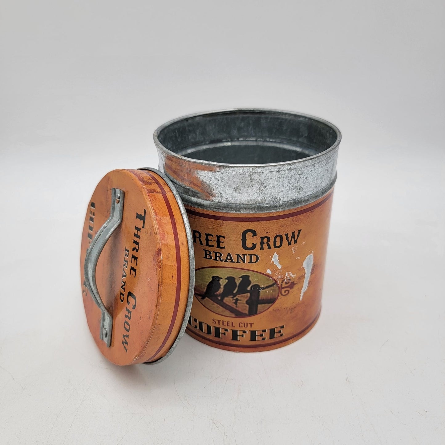 Vintage Three Crow Brand Steel Cut Coffee Tin With Handle & Lid