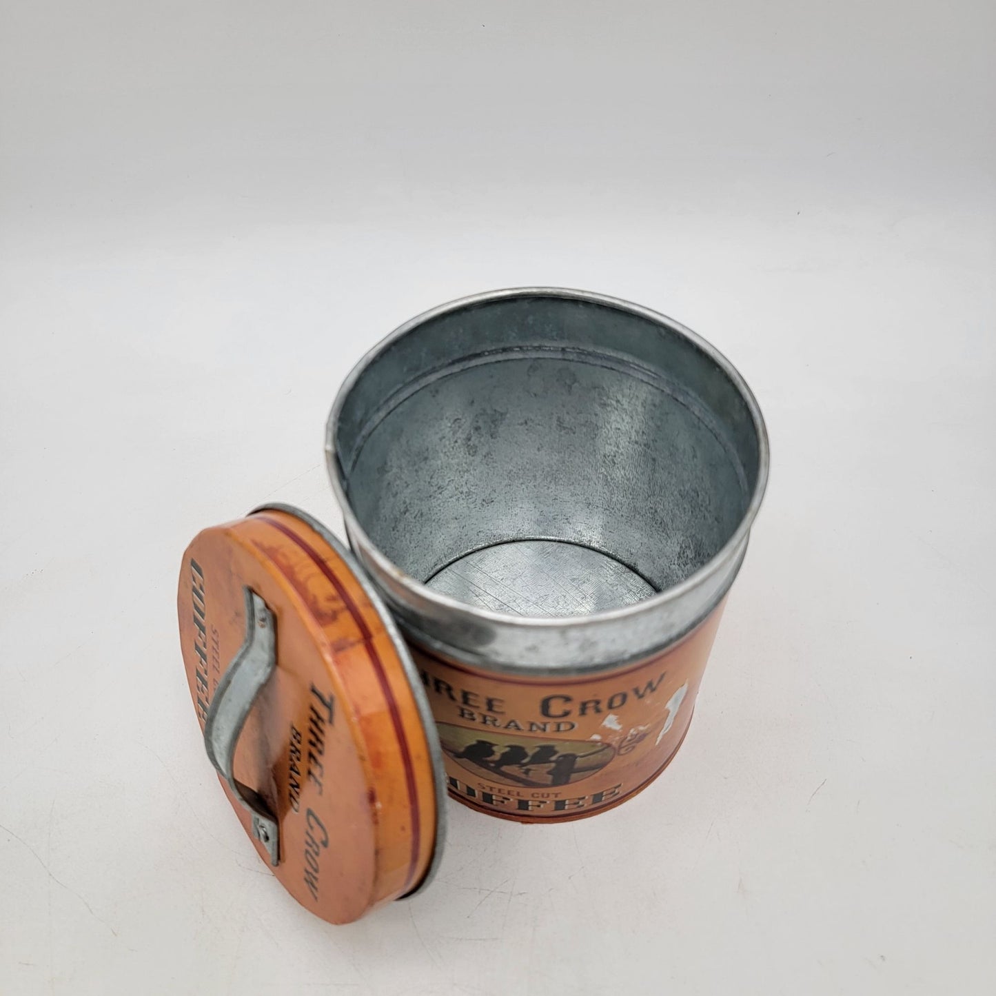Vintage Three Crow Brand Steel Cut Coffee Tin With Handle & Lid