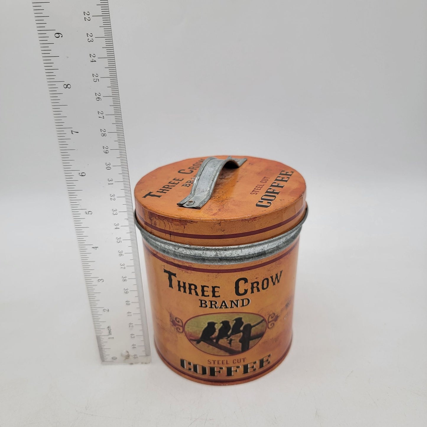 Vintage Three Crow Brand Steel Cut Coffee Tin With Handle & Lid