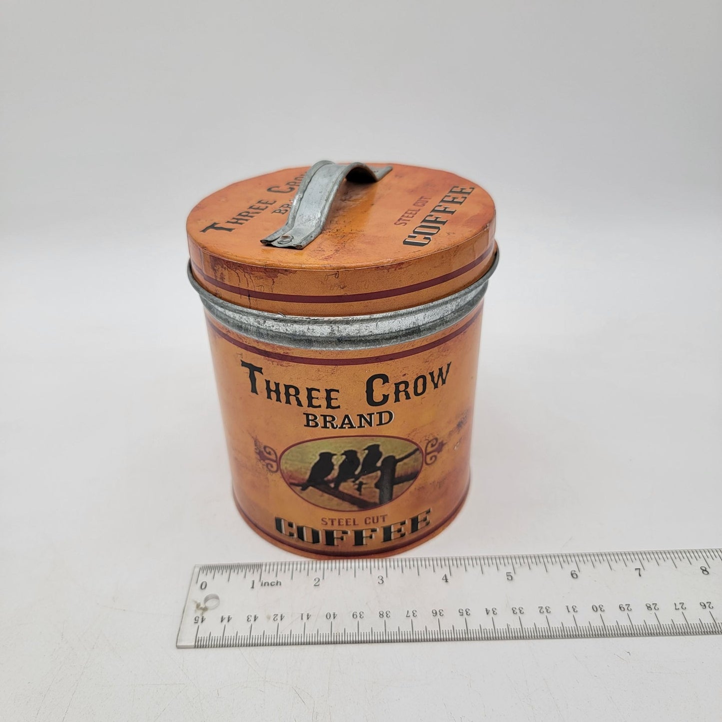 Vintage Three Crow Brand Steel Cut Coffee Tin With Handle & Lid