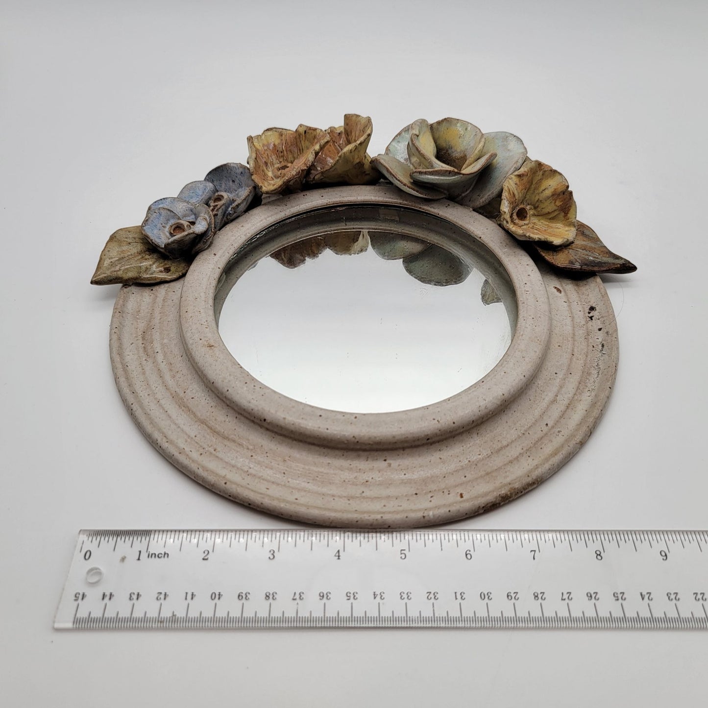 Vintage 1990's Round Pottery Mirror With Sculpted Flowers