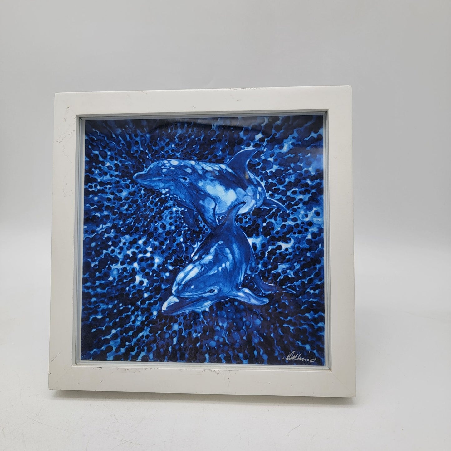 Dolphin Duo Framed Art Print Signed White Frame 9" x 9"