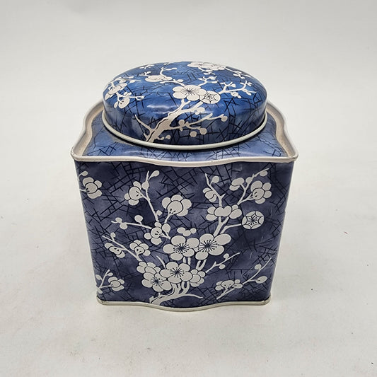 Vintage Daher England Tin Tea Box With Lid Blue & White Blossom Square