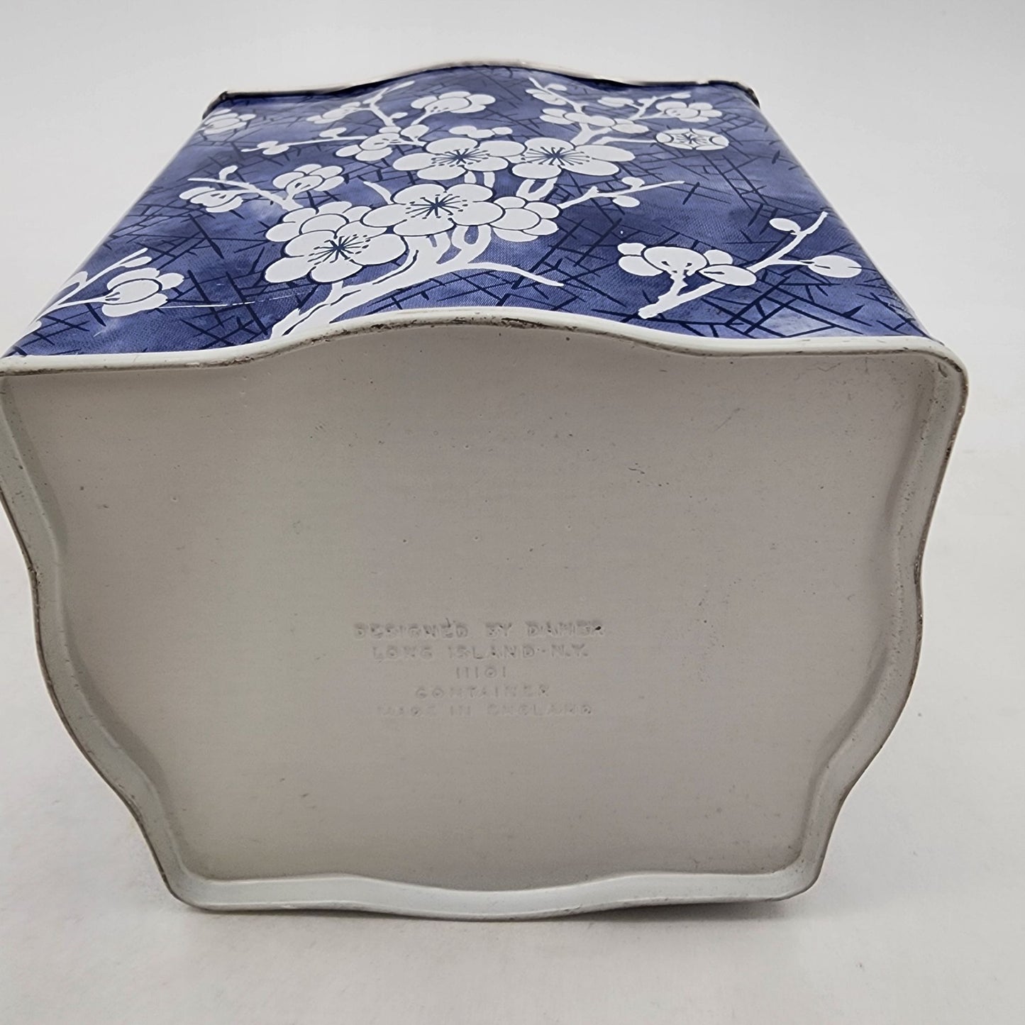 Vintage Daher England Tin Tea Box With Lid Blue & White Blossom Square