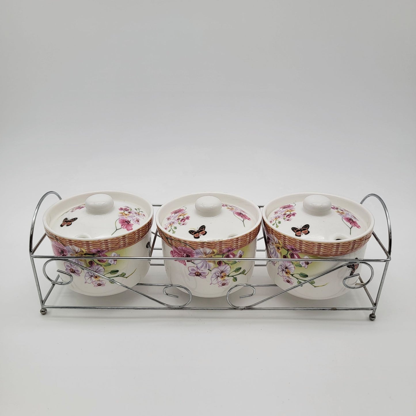 Floral Porcelain Condiment Jars With Butterfly Design & Metal Rack