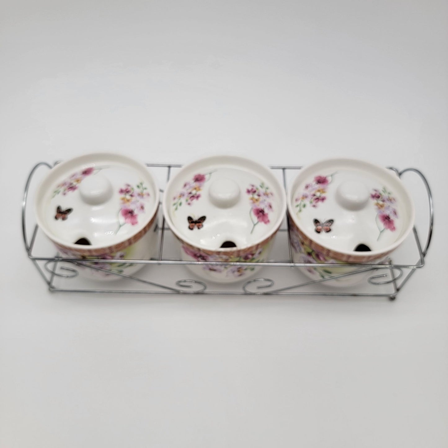 Floral Porcelain Condiment Jars With Butterfly Design & Metal Rack