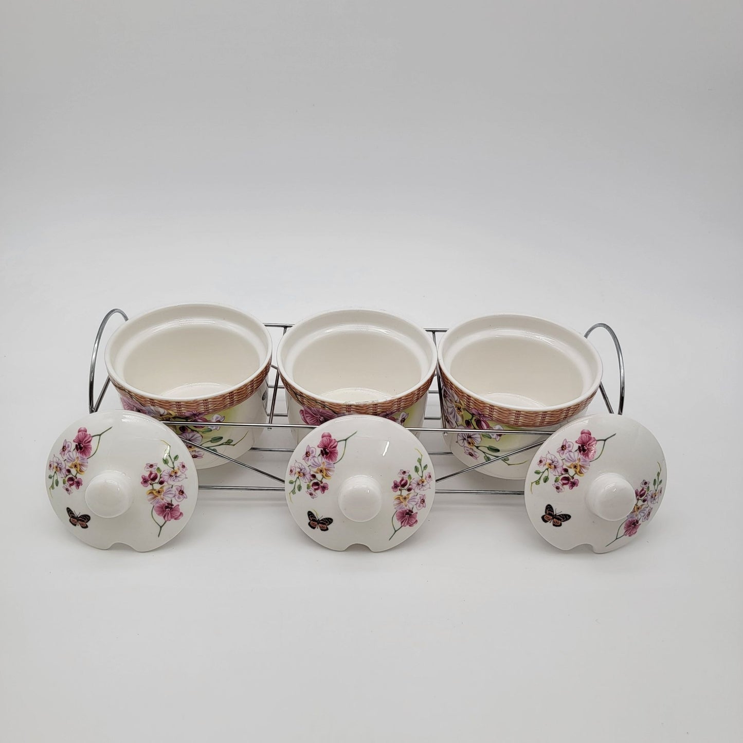 Floral Porcelain Condiment Jars With Butterfly Design & Metal Rack