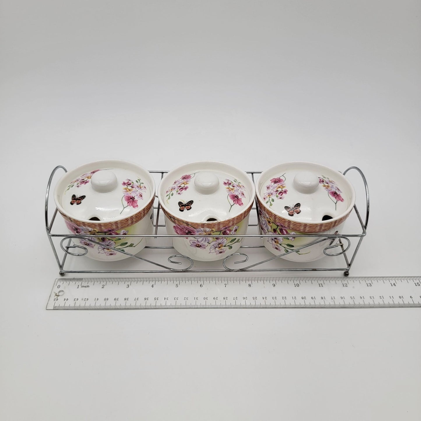 Floral Porcelain Condiment Jars With Butterfly Design & Metal Rack