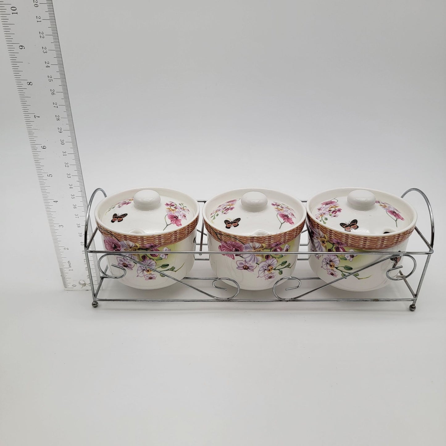 Floral Porcelain Condiment Jars With Butterfly Design & Metal Rack