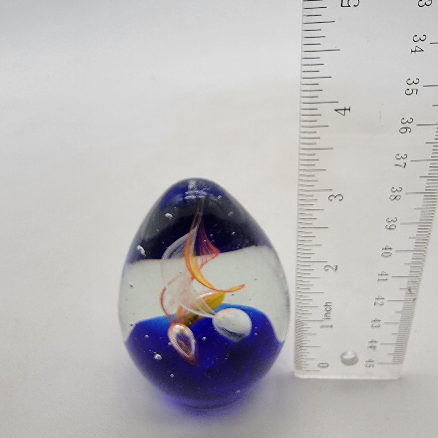 Vintage Art Glass Swirl Egg Shaped Paperweight With Red Yellow Blue