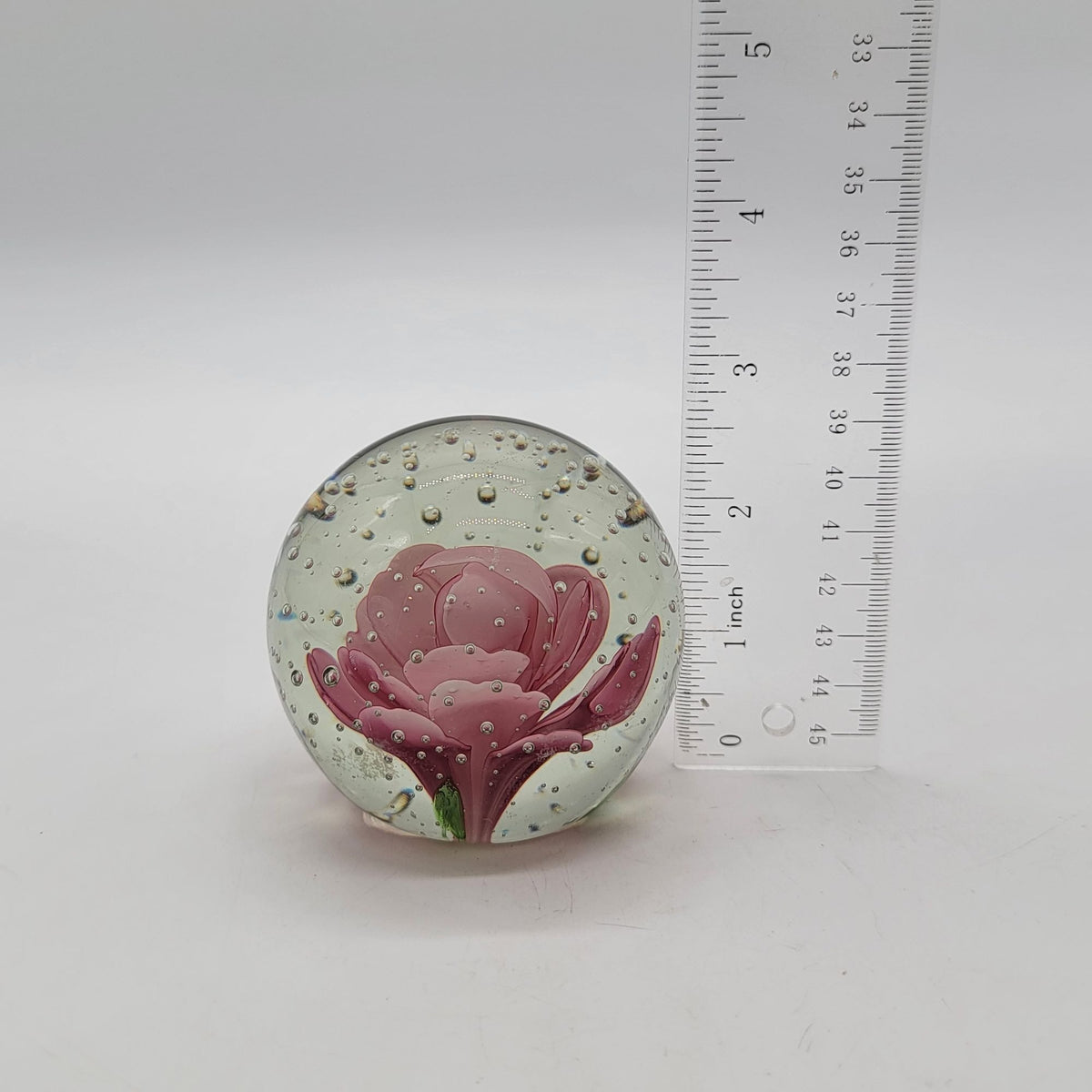 1980 Pink Rose Glass Controlled Bubbles Paperweight