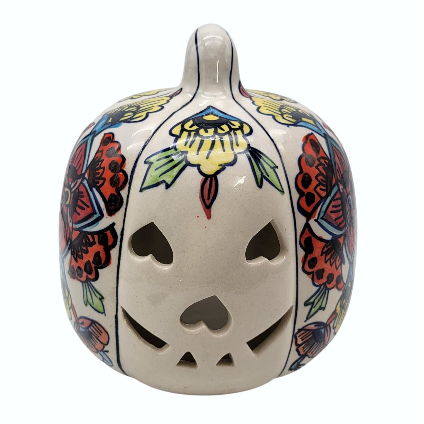 Large Talavera Style Halloween Pumpkin Jack-O-Lantern White with Red and Yellow Flowers