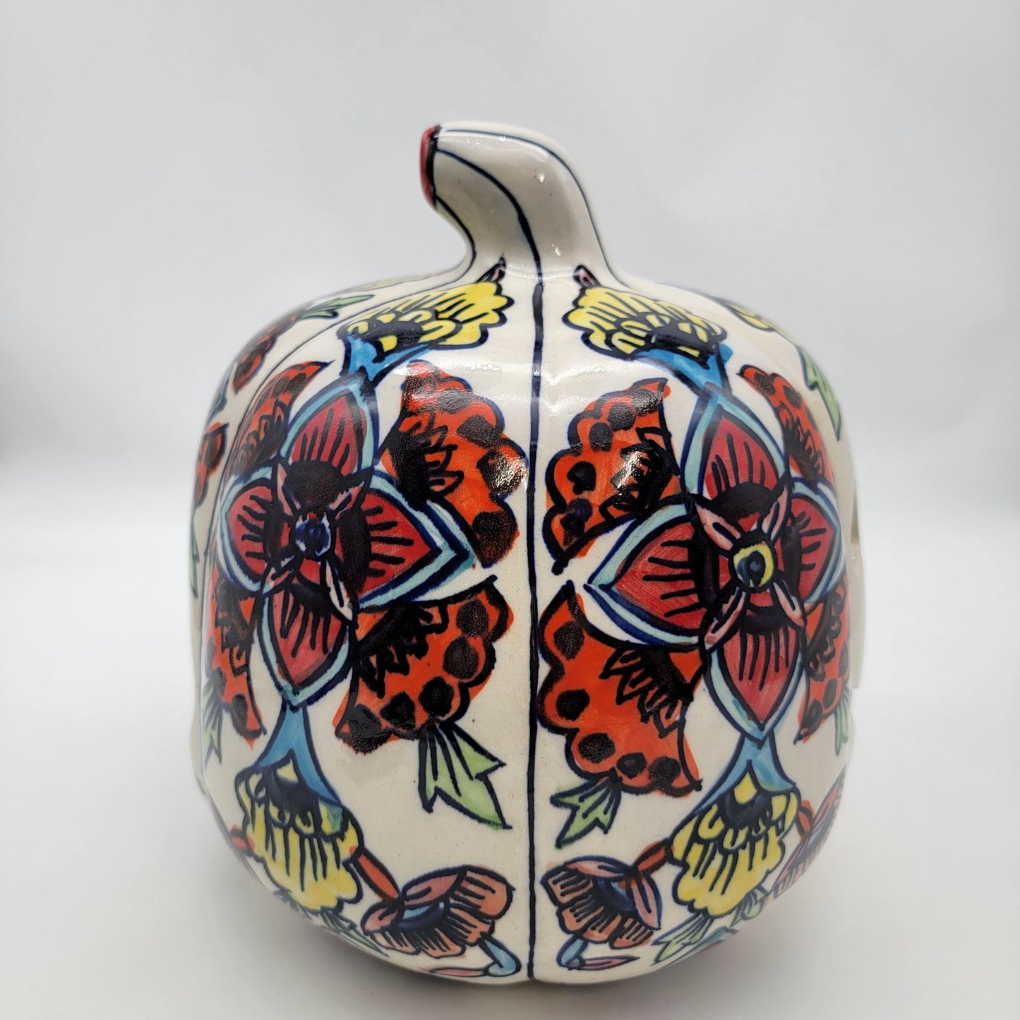 Large Talavera Style Halloween Pumpkin Jack-O-Lantern White with Red and Yellow Flowers