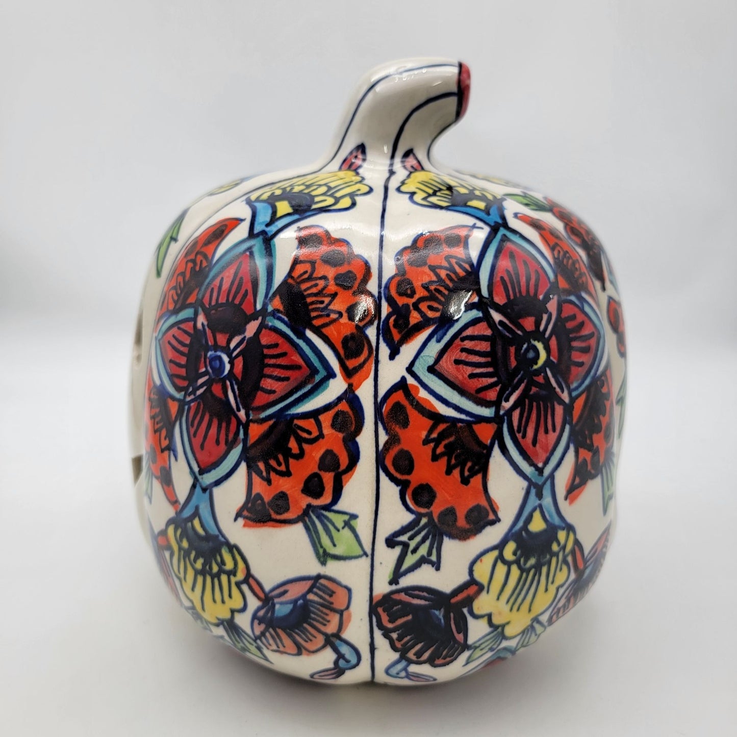 Large Talavera Style Halloween Pumpkin Jack-O-Lantern White with Red and Yellow Flowers