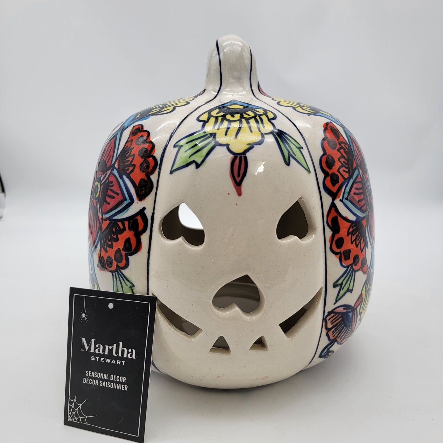 Large Talavera Style Halloween Pumpkin Jack-O-Lantern White with Red and Yellow Flowers