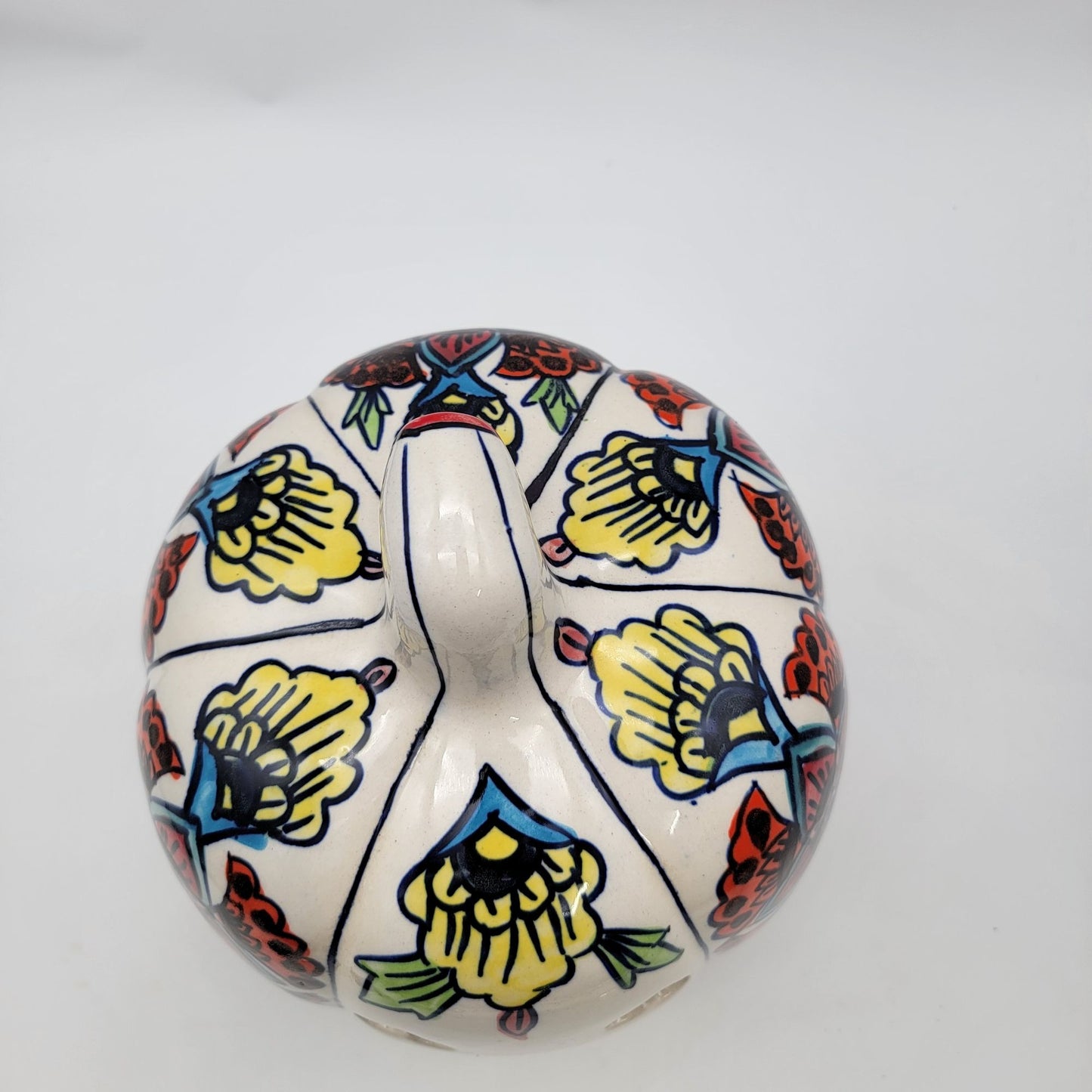 Large Talavera Style Halloween Pumpkin Jack-O-Lantern White with Red and Yellow Flowers