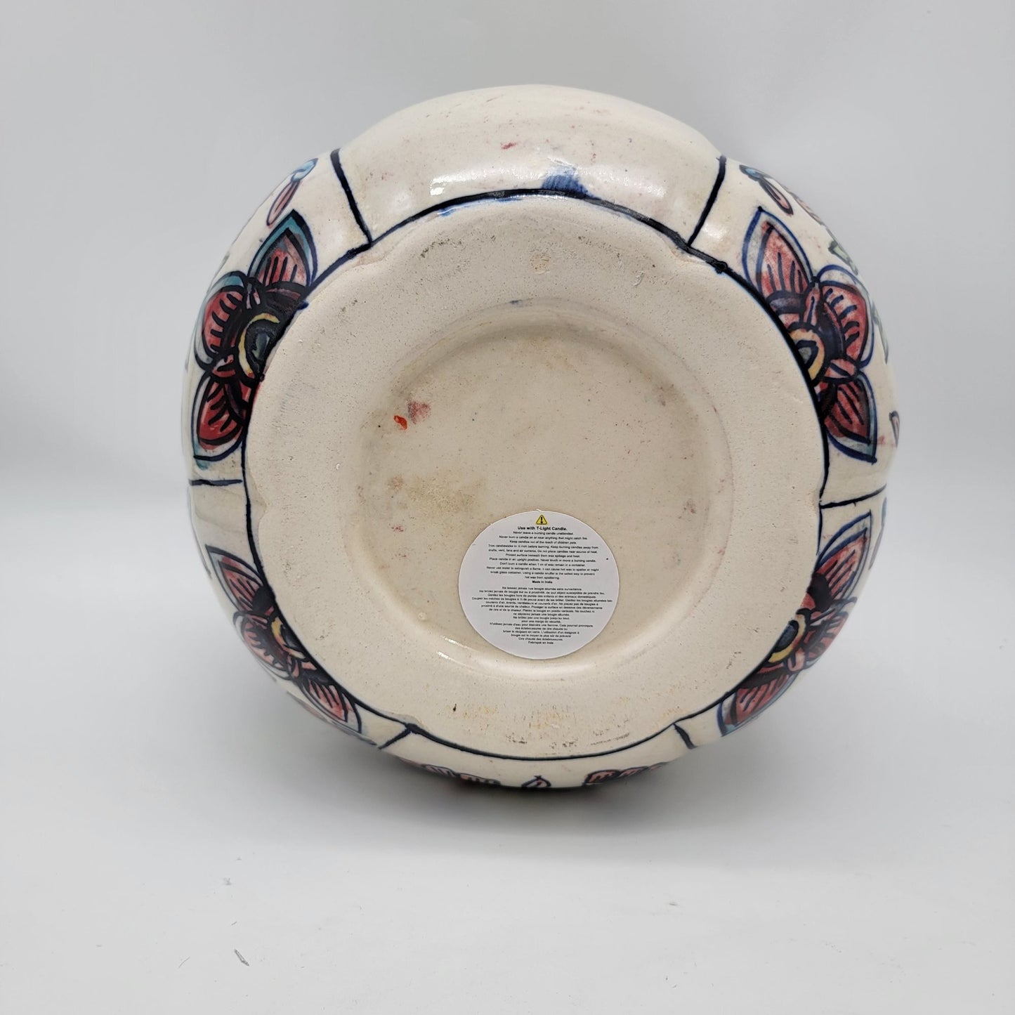 Large Talavera Style Halloween Pumpkin Jack-O-Lantern White with Red and Yellow Flowers