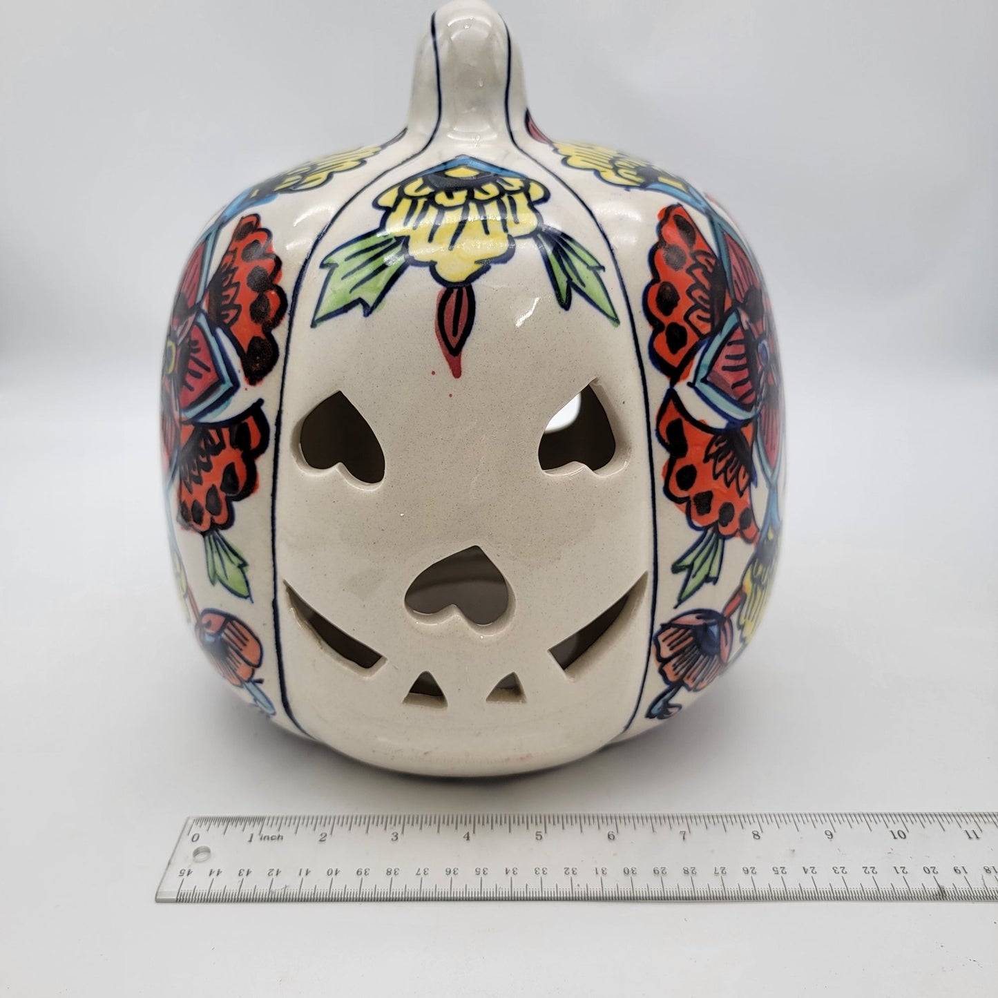 Large Talavera Style Halloween Pumpkin Jack-O-Lantern White with Red and Yellow Flowers