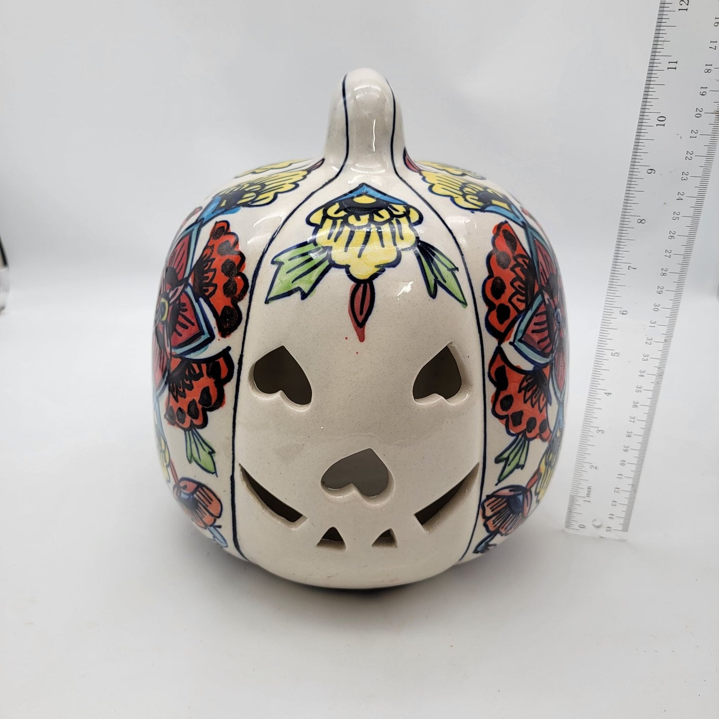Large Talavera Style Halloween Pumpkin Jack-O-Lantern White with Red and Yellow Flowers