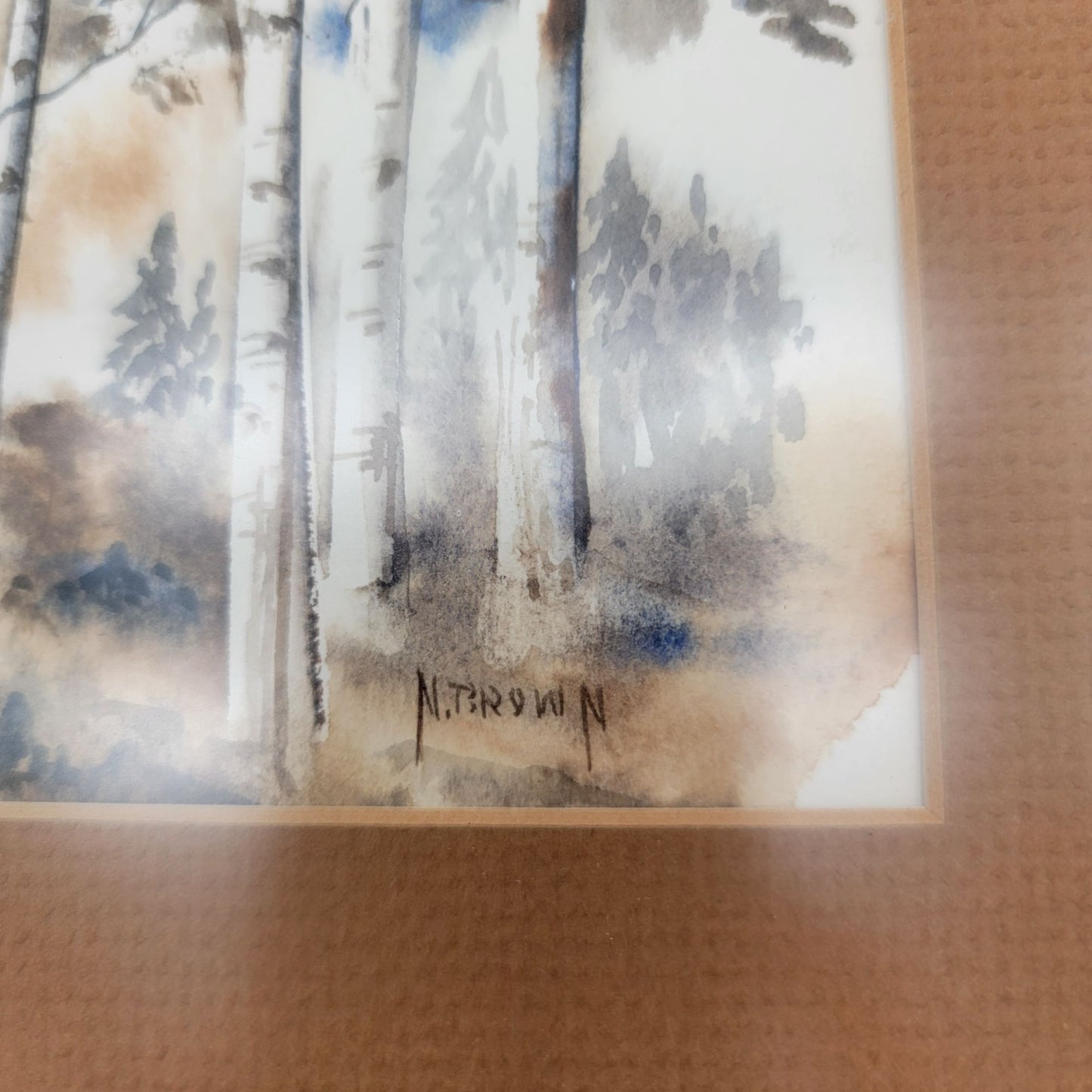 Signed Watercolor Birch Trees By N. Brown Horizontal Framed & Matted