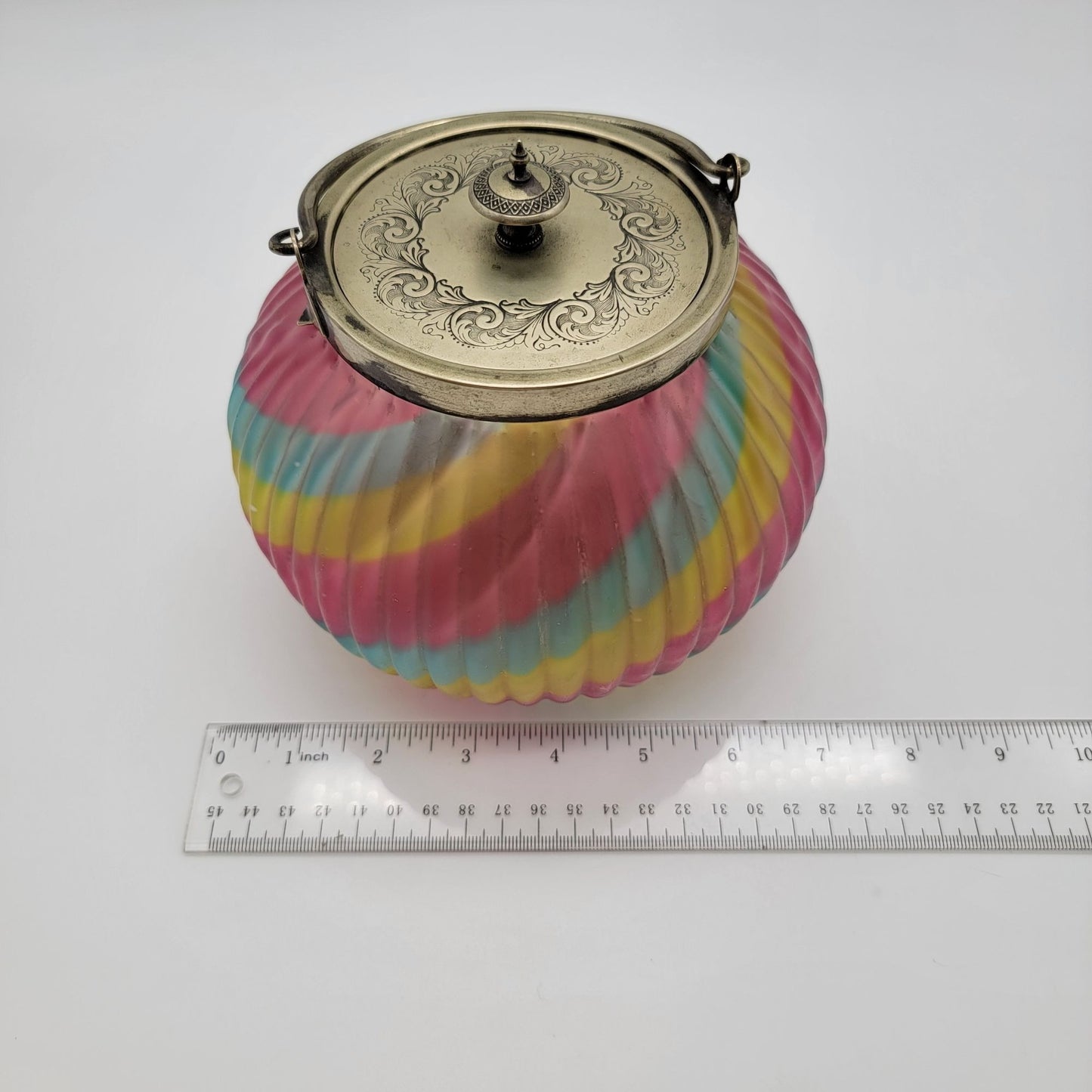 Antique Victorian Harrach Peloton Rainbow Swirl Glass Biscuit Barrel Jar Sheffield Silver Plate Lid
