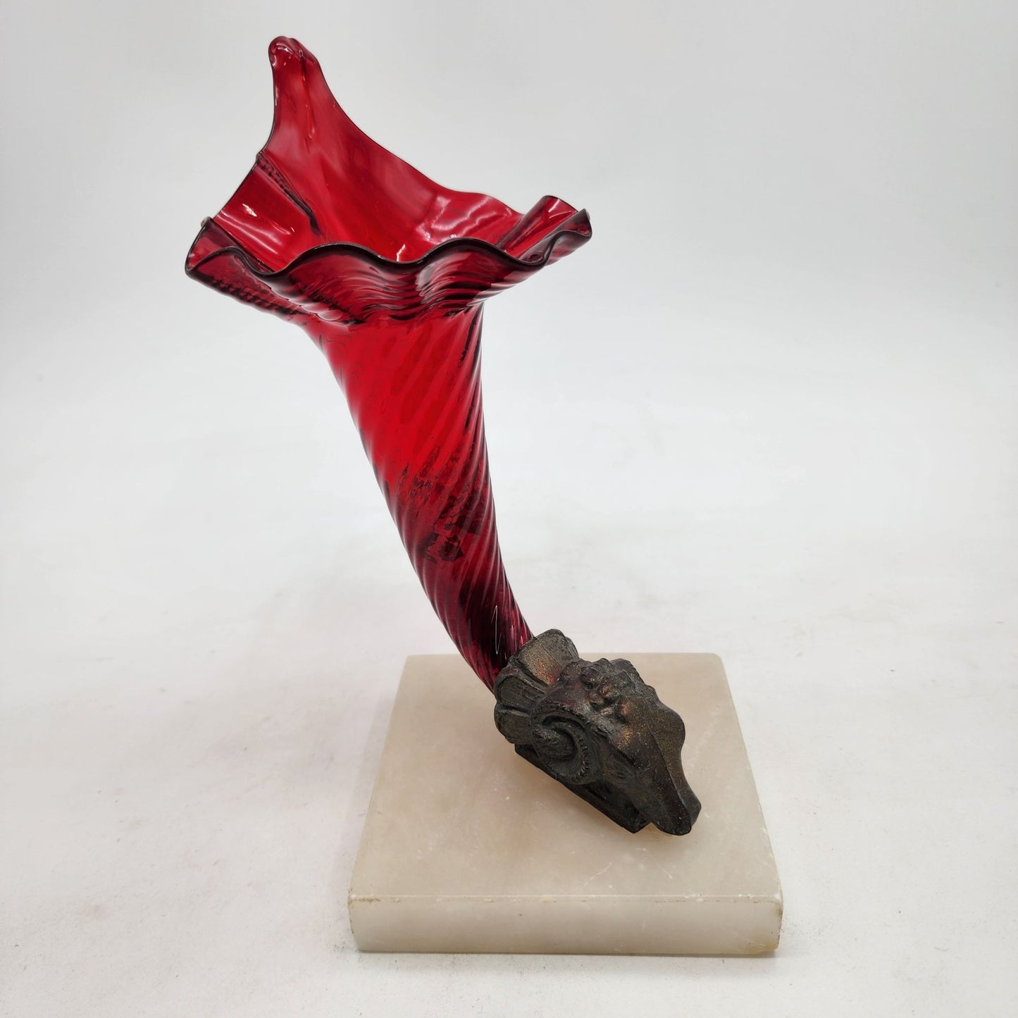 Victorian Red Glass Jack In Pulpit Vase With Rams Head On Alabaster Base