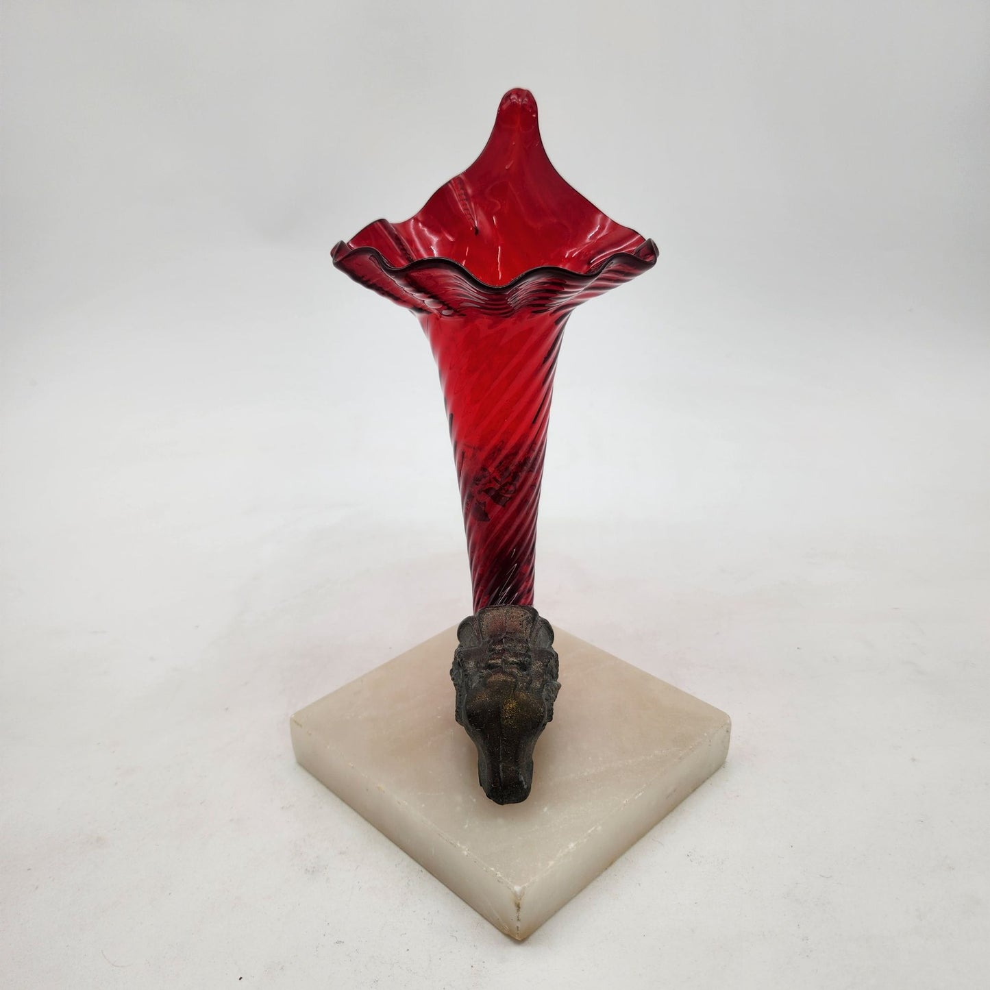 Victorian Red Glass Jack In Pulpit Vase With Rams Head On Alabaster Base