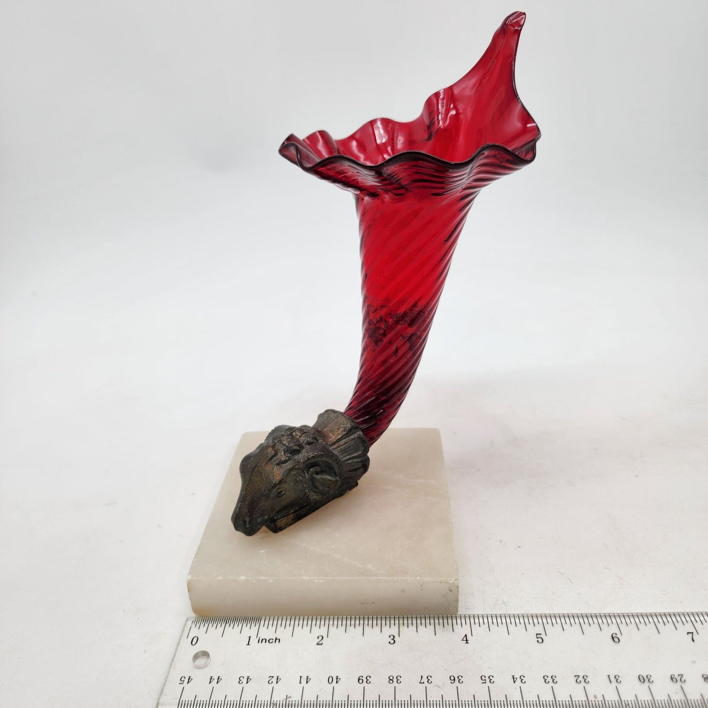 Victorian Red Glass Jack In Pulpit Vase With Rams Head On Alabaster Base