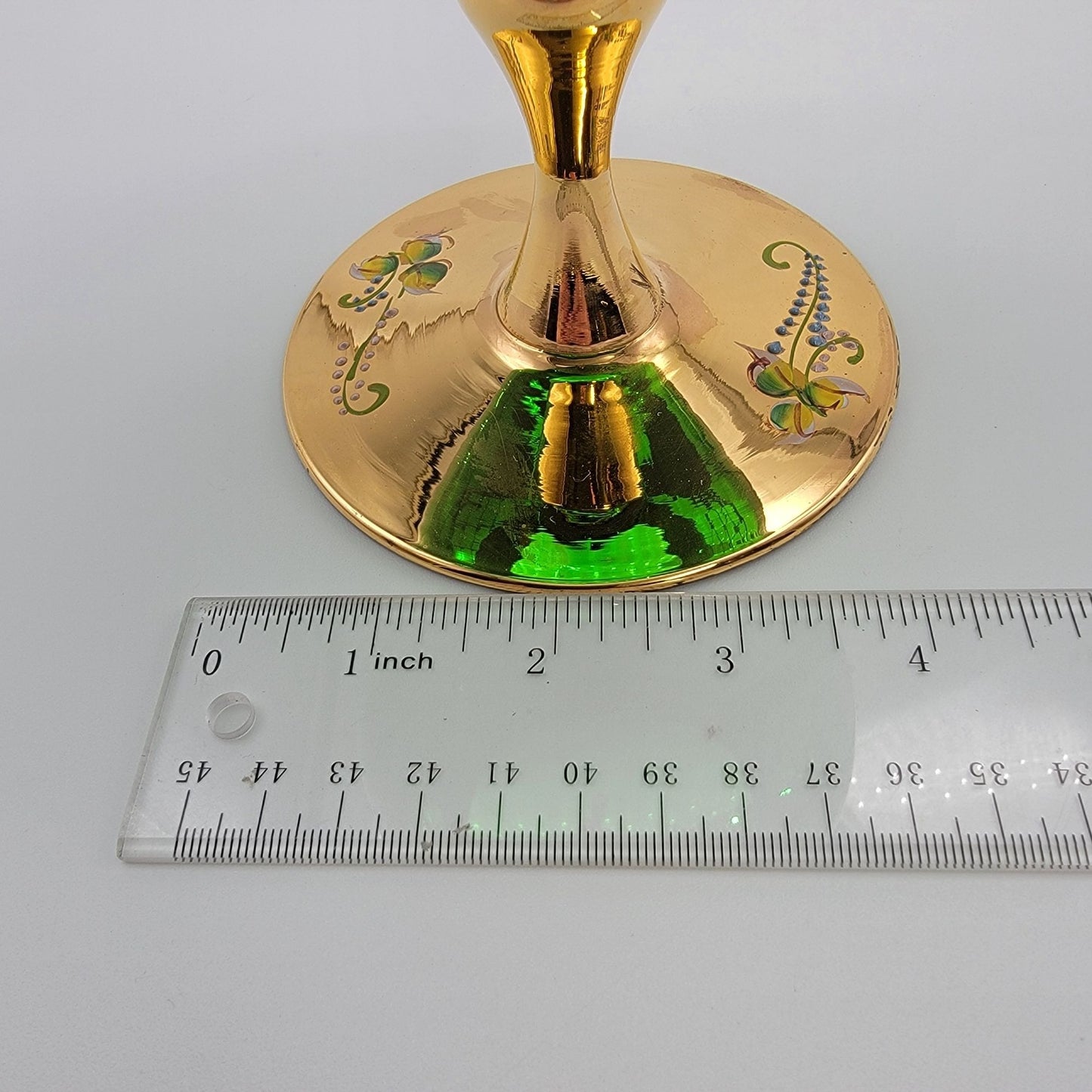 Vintage Bohemian Czech Emerald Glass Goblet With 24K Gold Gilt & Floral Enamel