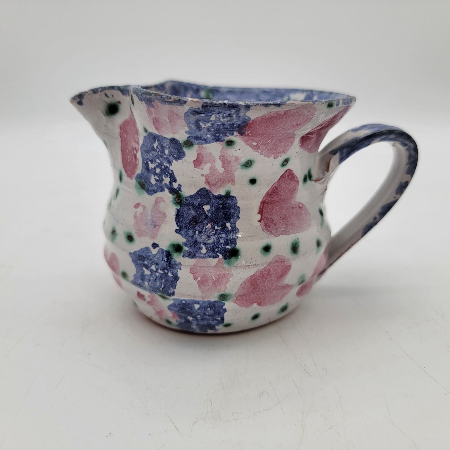 Handmade Susan Leader Vermont Redware Spongeware Creamer Pitcher With Hearts