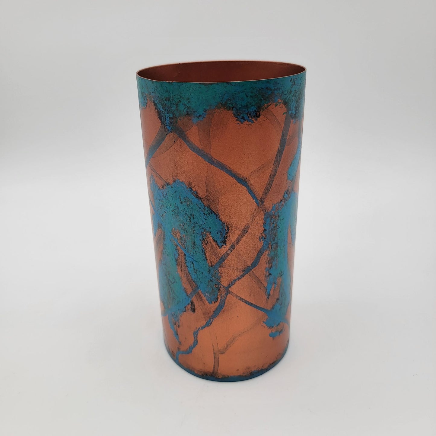 Koyal Patina Metal Cylinder Vase With Blue & Copper Finish 7.5 Inches Tall
