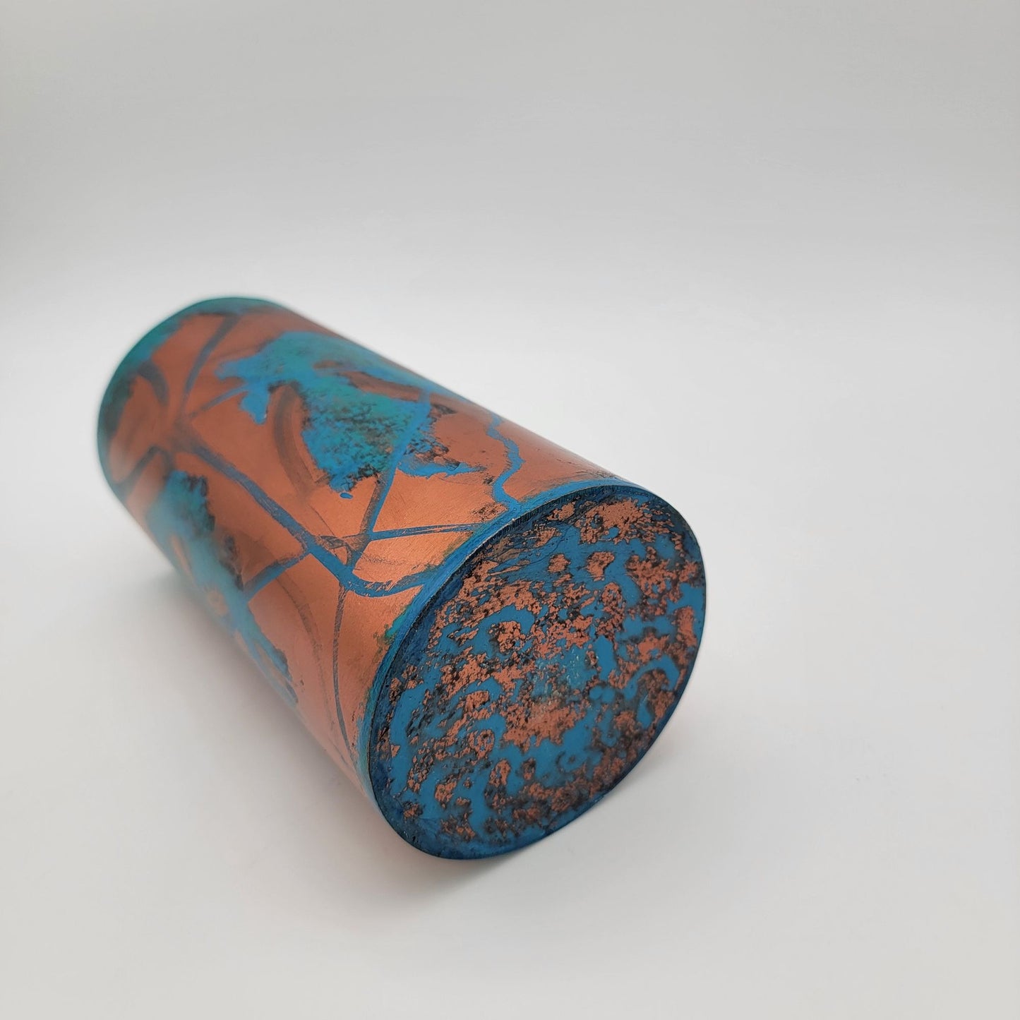 Koyal Patina Metal Cylinder Vase With Blue & Copper Finish 7.5 Inches Tall