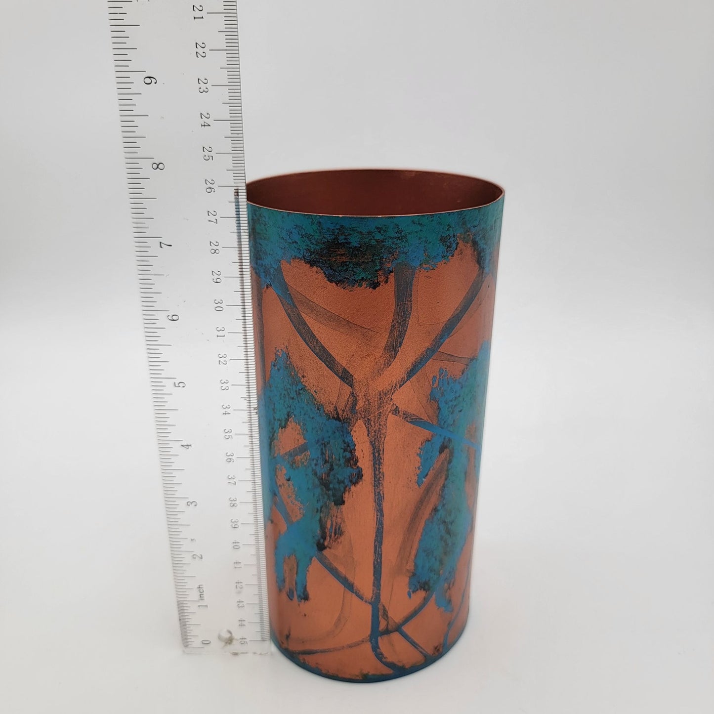 Koyal Patina Metal Cylinder Vase With Blue & Copper Finish 7.5 Inches Tall