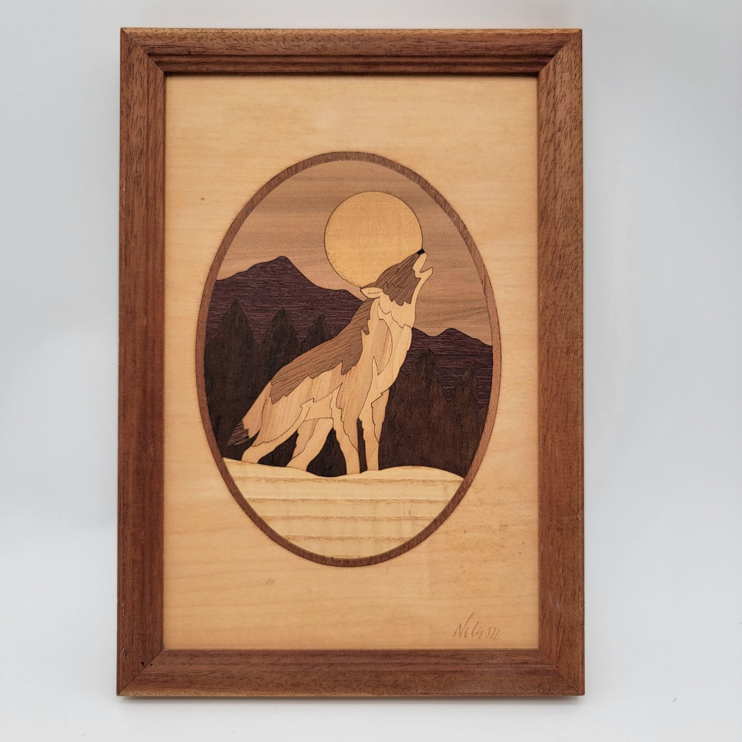 Howling Wolf Wood Marquetry Inlay Art By Jeff Nelson of Hudson River