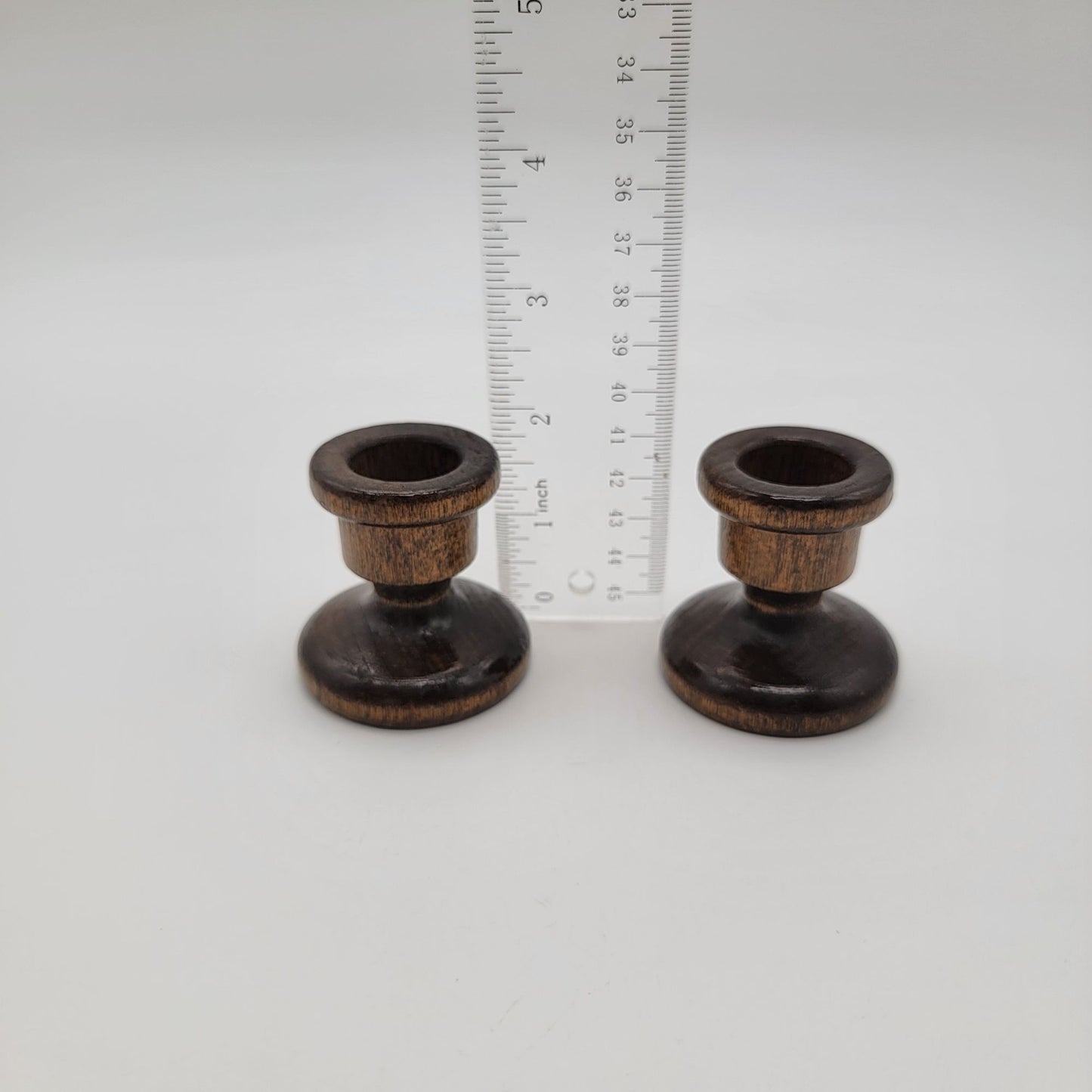 Pair of Vintage Hand-Turned Dark Wood Candlestick Holders