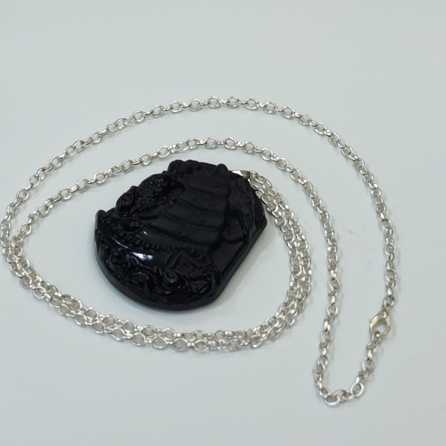 Hand Carved Black Obsidian Sailing Ship Pendant & 30" Silver-Tone Chain