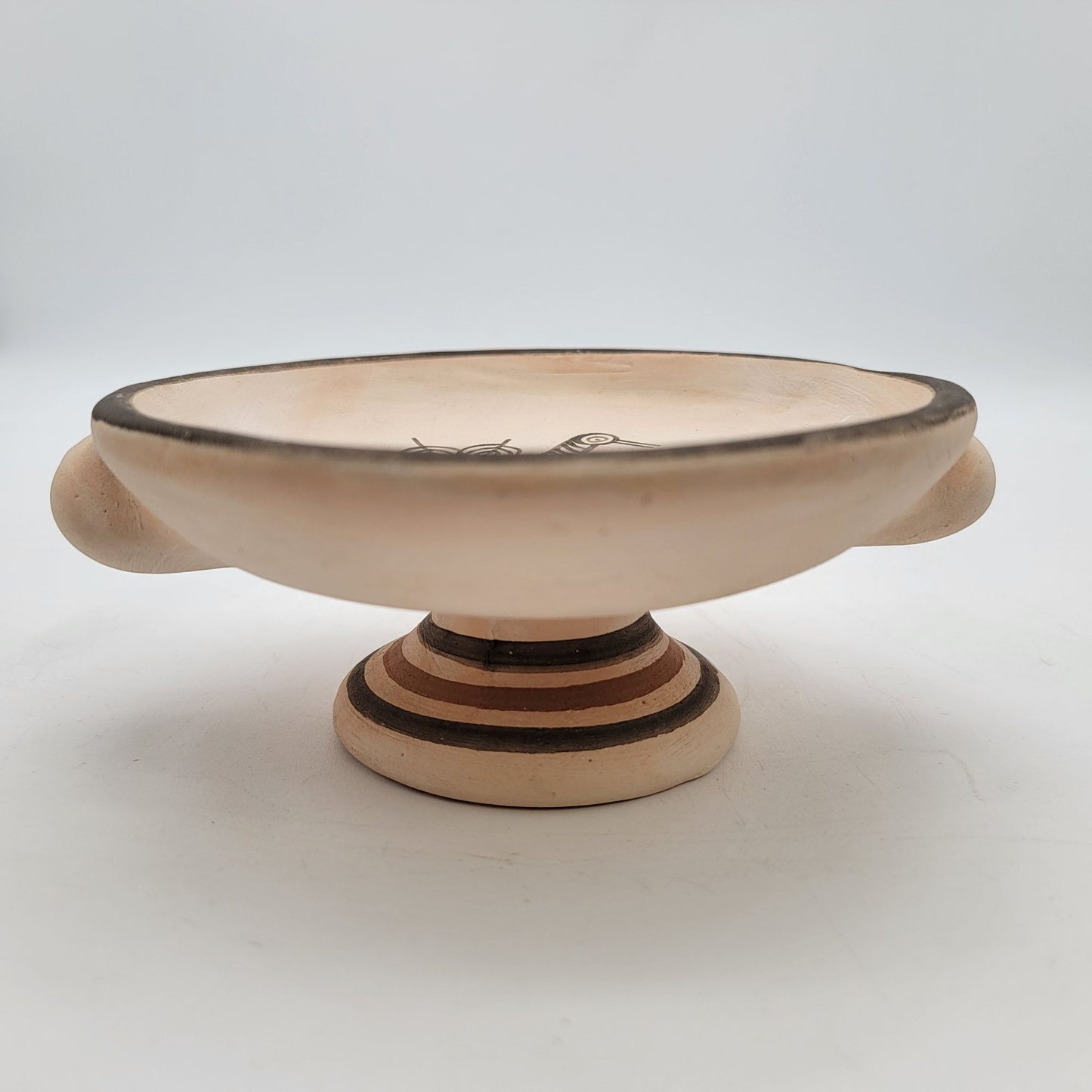 Vintage T. Modiri Hand Made Cyprus Art Pottery Pedestal Bowl With Folk Art Bird Design