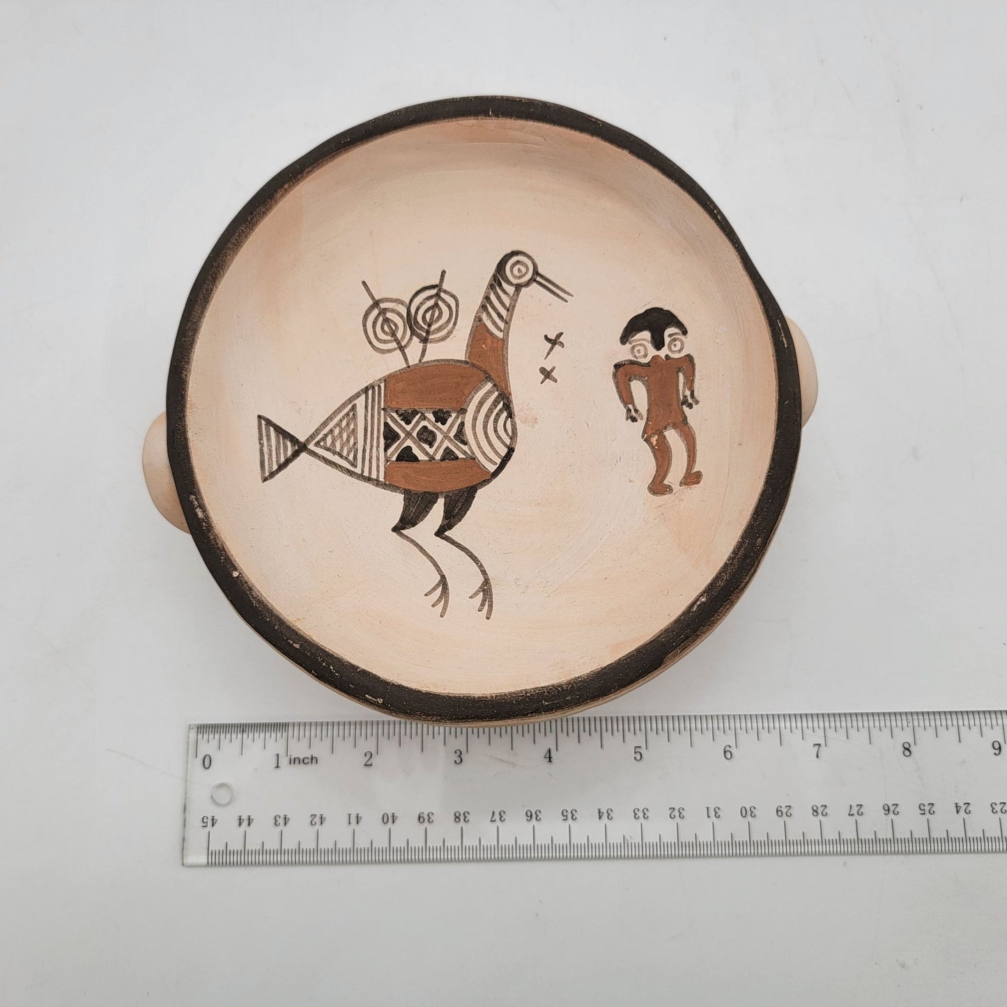 Vintage T. Modiri Hand Made Cyprus Art Pottery Pedestal Bowl With Folk Art Bird Design