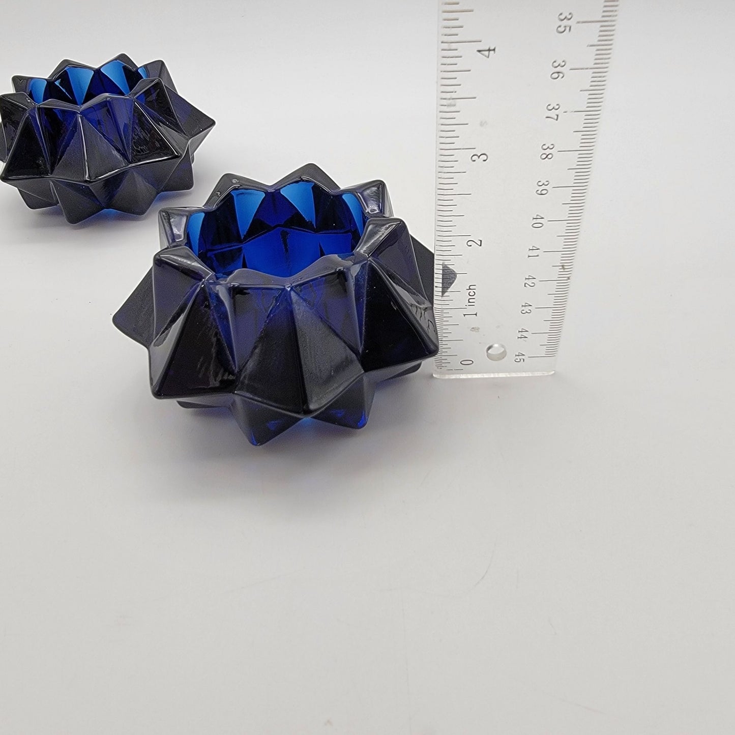 Set Of 2 Vintage Indiana Glass Cobalt Blue Starburst Votive Candle Holders