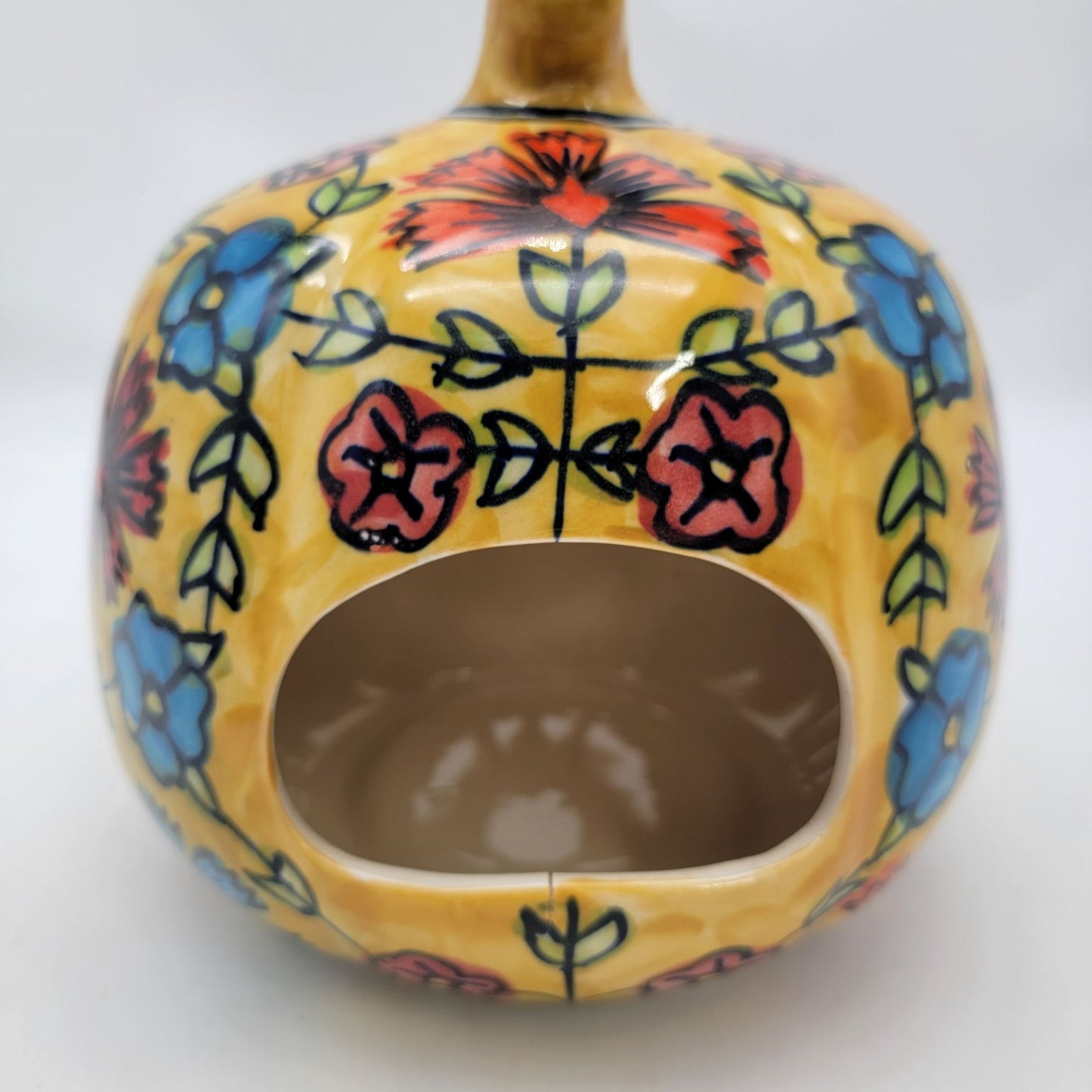 Talavera Style Halloween Pumpkin Jack-O-Lantern Yellow with Blue and Red Flowers