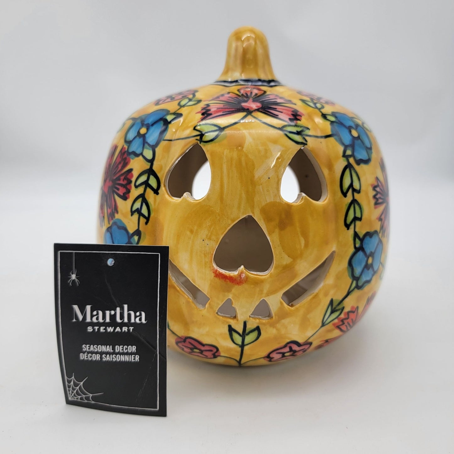 Talavera Style Halloween Pumpkin Jack-O-Lantern Yellow with Blue and Red Flowers