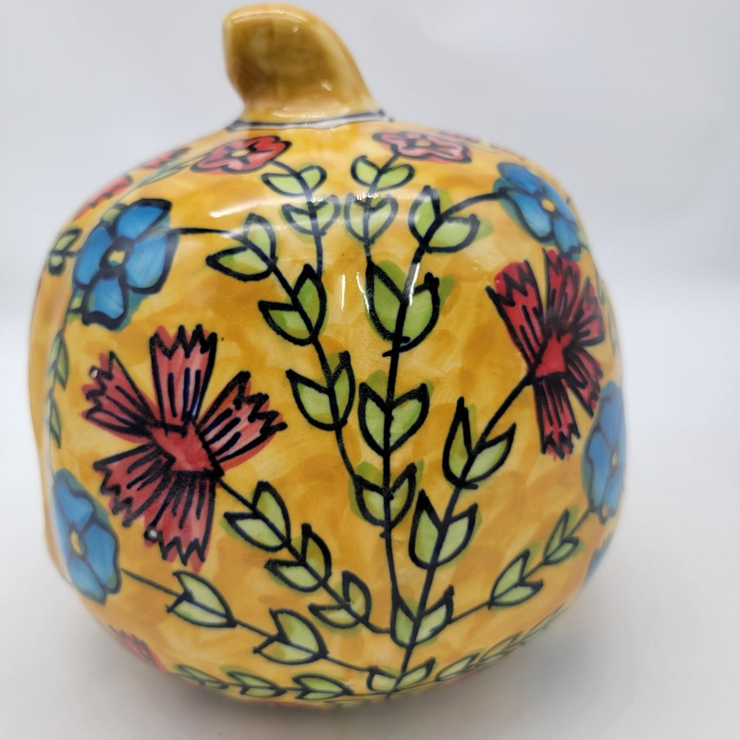 Talavera Style Halloween Pumpkin Jack-O-Lantern Yellow with Blue and Red Flowers