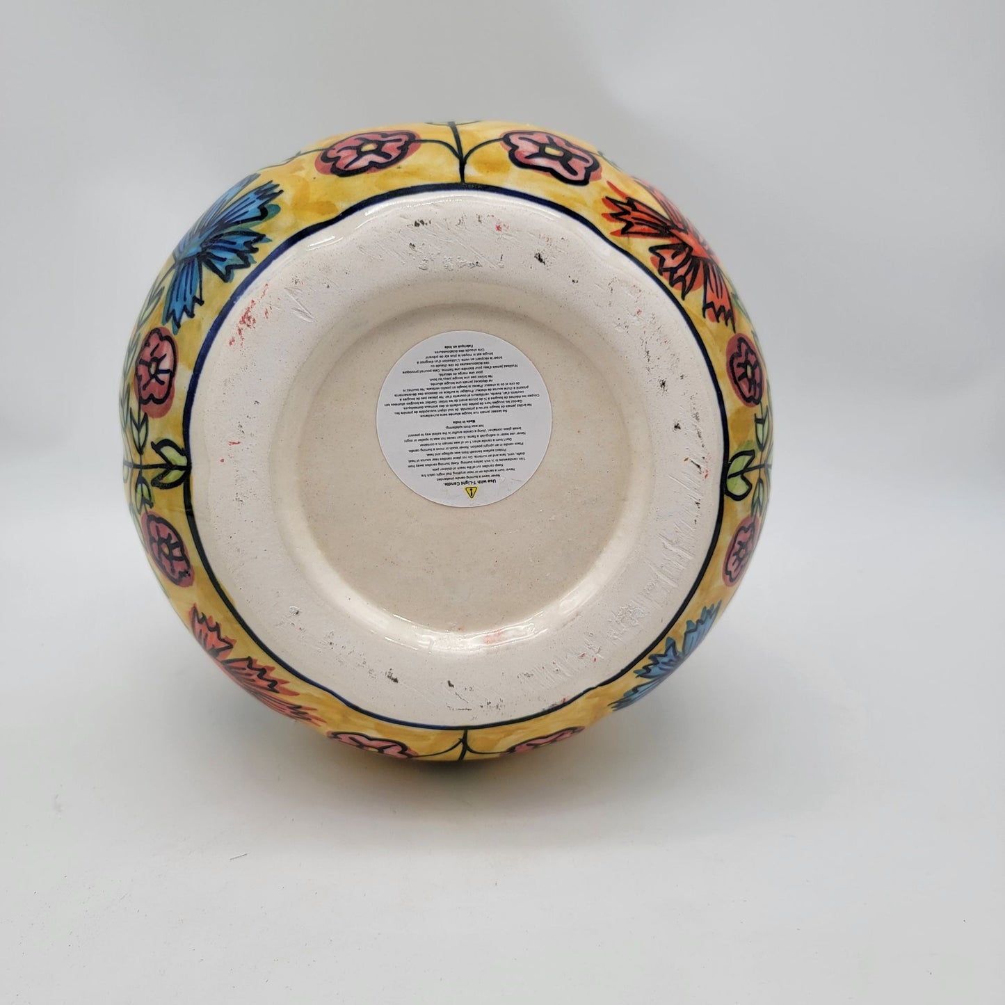 Talavera Style Halloween Pumpkin Jack-O-Lantern Yellow with Blue and Red Flowers