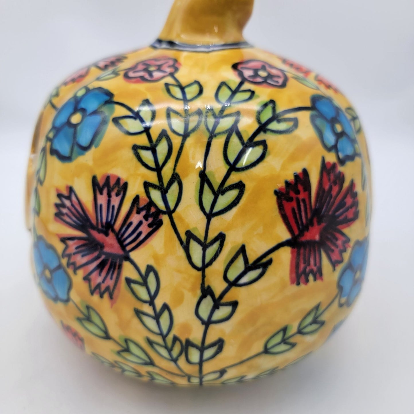 Talavera Style Halloween Pumpkin Jack-O-Lantern Yellow with Blue and Red Flowers