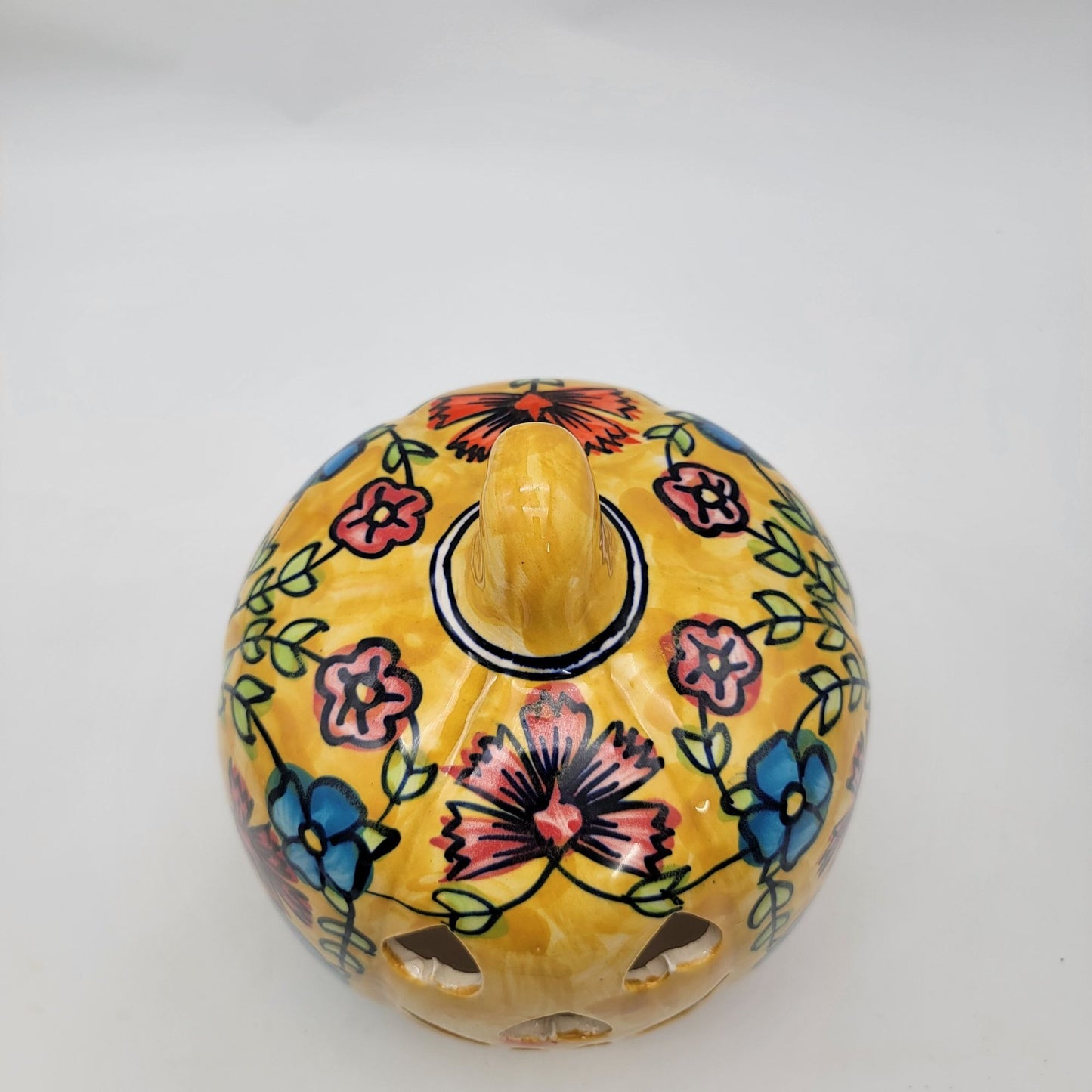 Talavera Style Halloween Pumpkin Jack-O-Lantern Yellow with Blue and Red Flowers