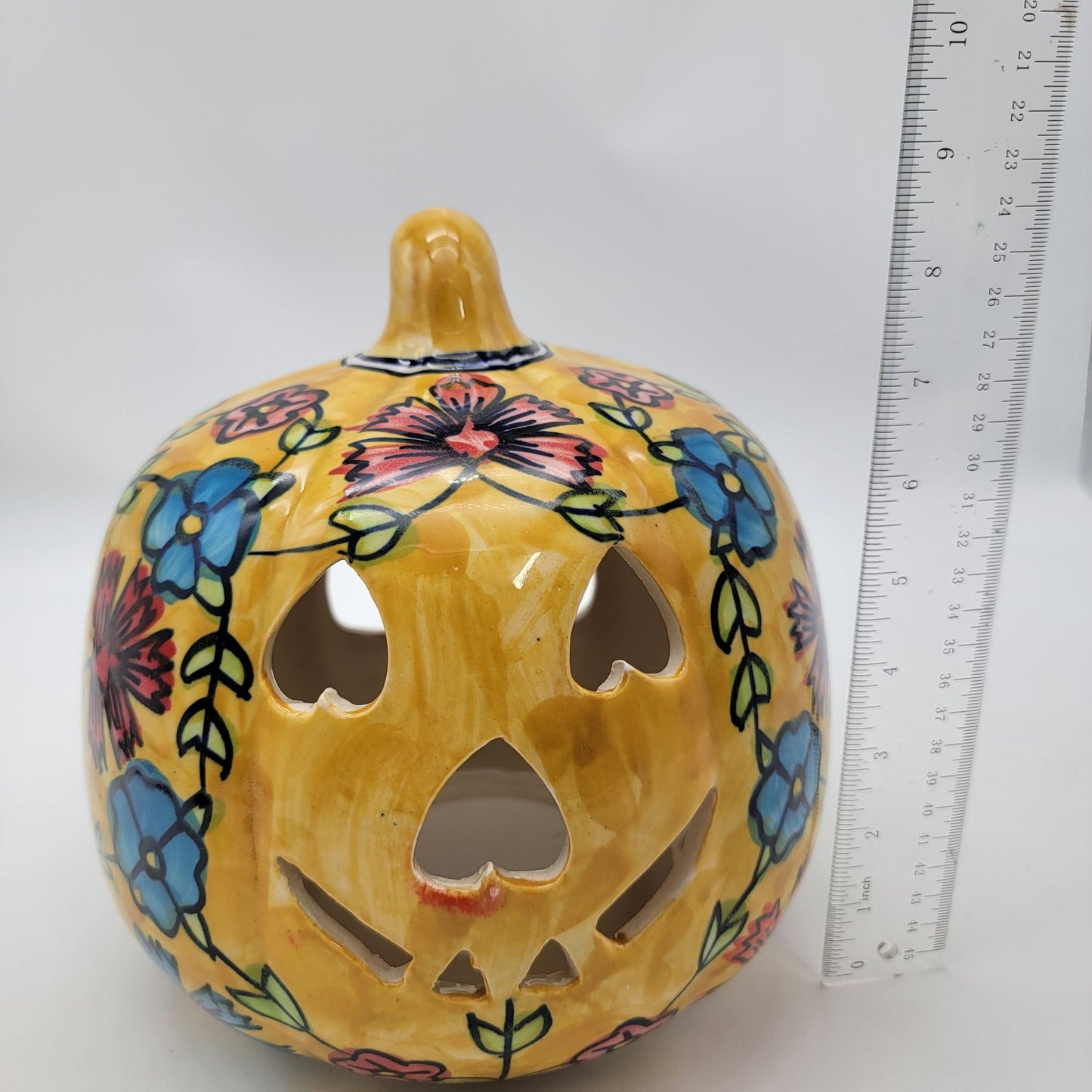 Talavera Style Halloween Pumpkin Jack-O-Lantern Yellow with Blue and Red Flowers