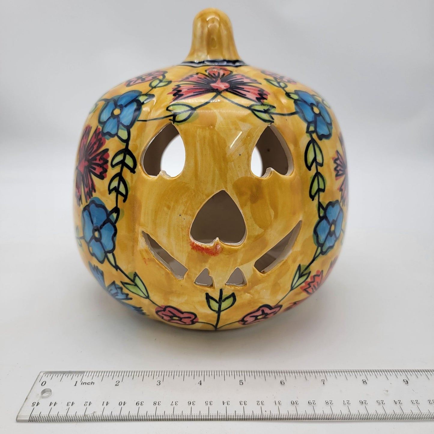 Talavera Style Halloween Pumpkin Jack-O-Lantern Yellow with Blue and Red Flowers
