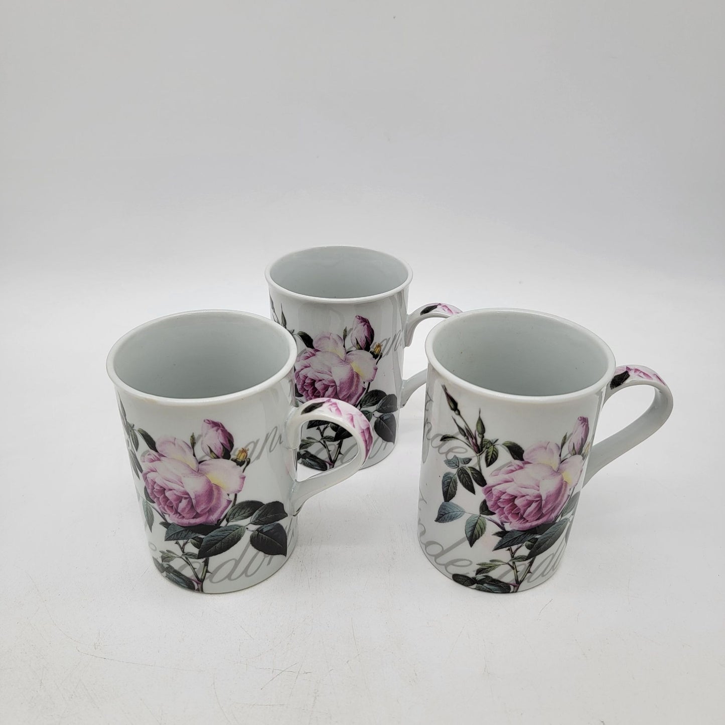 Set Of 3 Baum Porcelain Floral Mugs With Pink & Green Rose Design