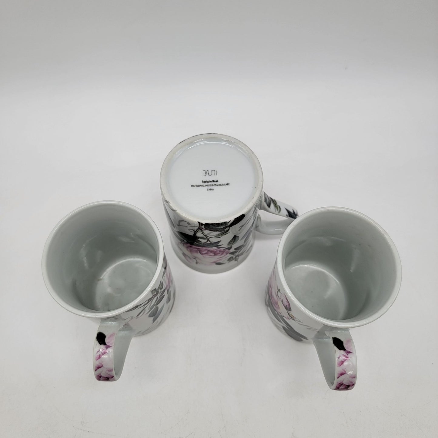 Set Of 3 Baum Porcelain Floral Mugs With Pink & Green Rose Design