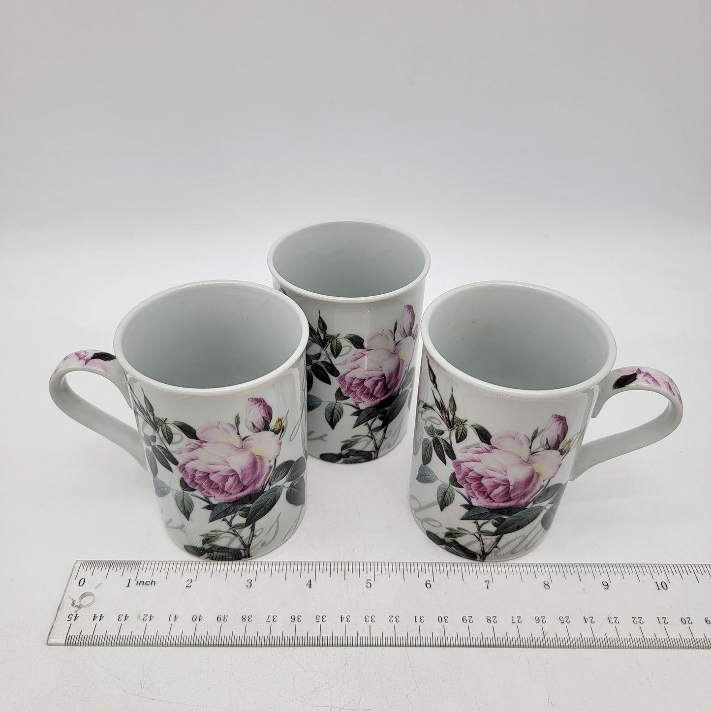Set Of 3 Baum Porcelain Floral Mugs With Pink & Green Rose Design